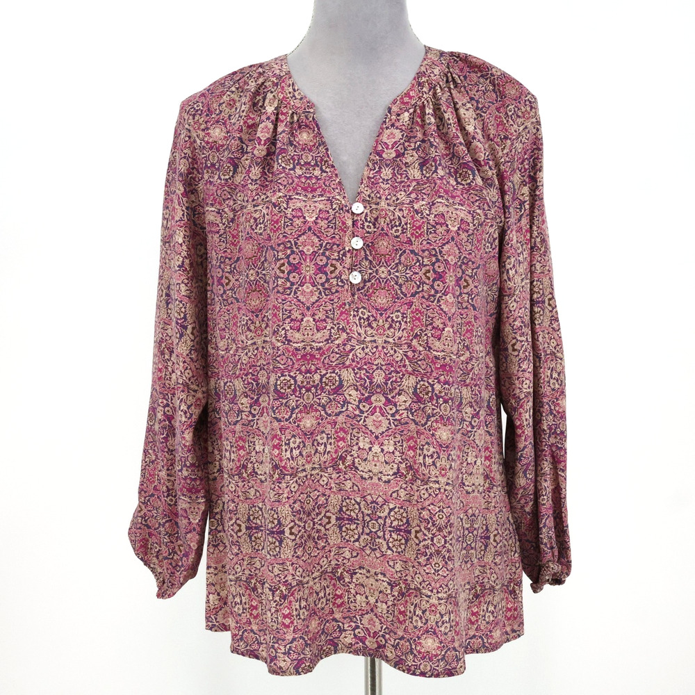 Max Studio Top Womens Medium Silk Pink Purple Print Blouse Ruched Neck Career